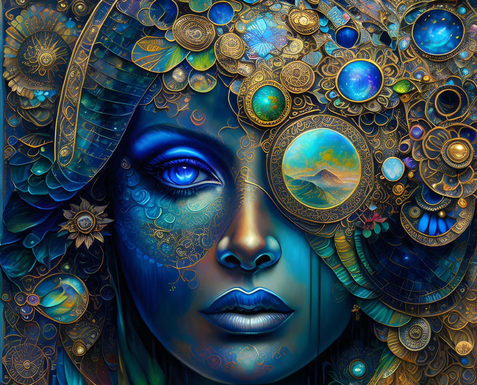 Colorful digital artwork: Woman's face with ornate jewels, celestial motifs, intricate blue and gold