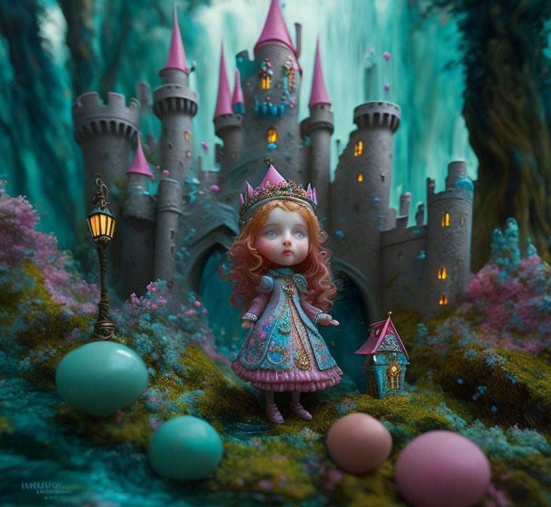 Young princess doll in purple dress by fantasy castle and vibrant flora