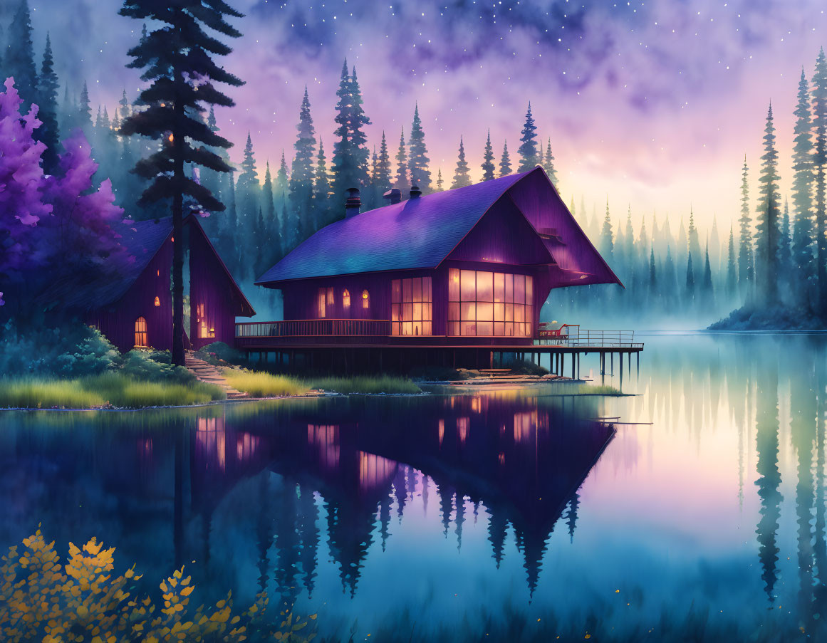 Tranquil Lakeside Cabin at Twilight with Purple Sky