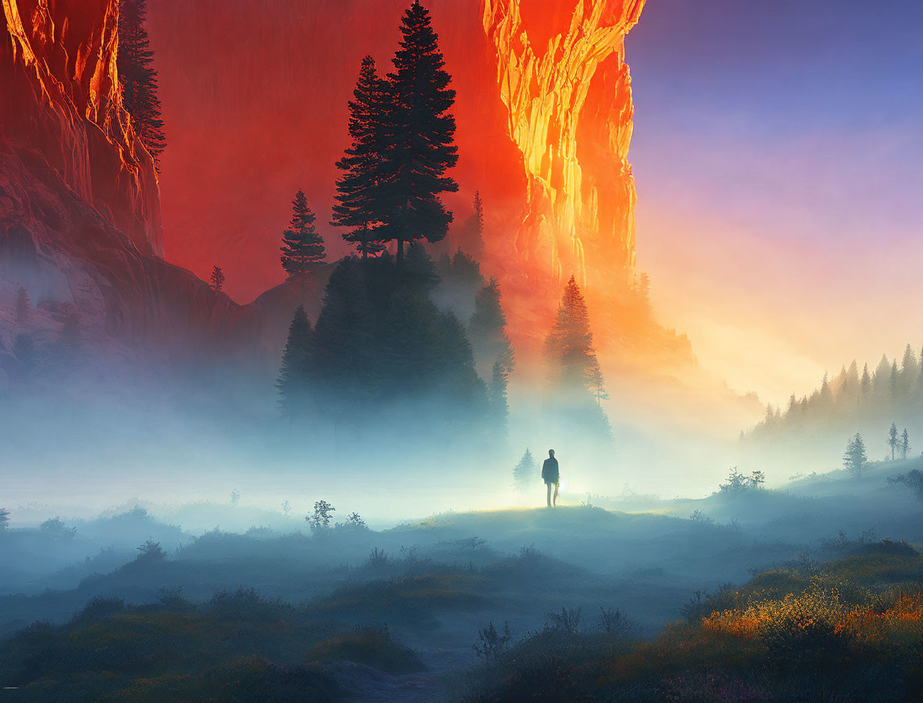 Person in surreal misty landscape with orange cliffs, glowing waterfall, and colorful sky