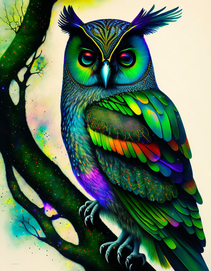 Colorful Stylized Owl Illustration on Branch with Psychedelic Palette