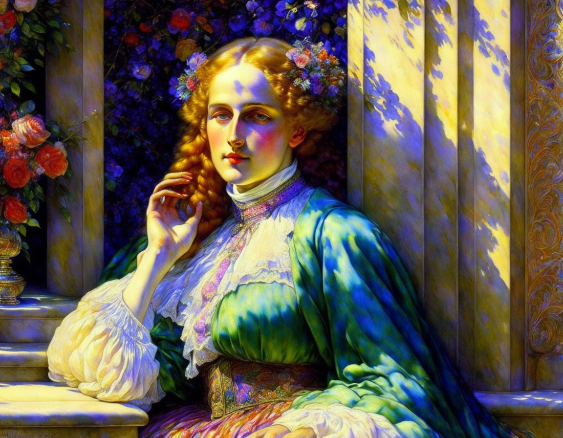 Pensive woman with golden hair in green Victorian dress by stone pillar