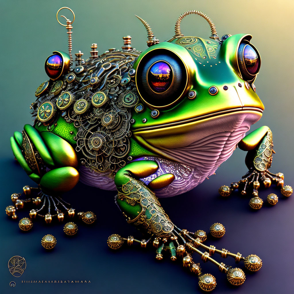 Colorful Ornate Mechanical Frog with Intricate Gears and Patterns