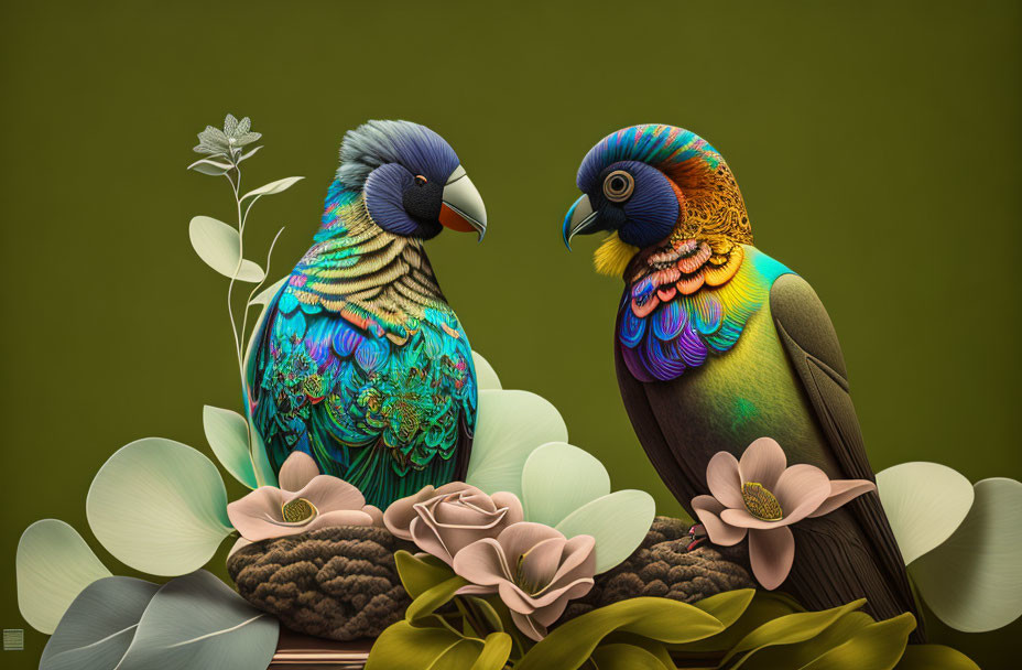 Colorful Parrots Facing Each Other in Floral Setting on Green Background