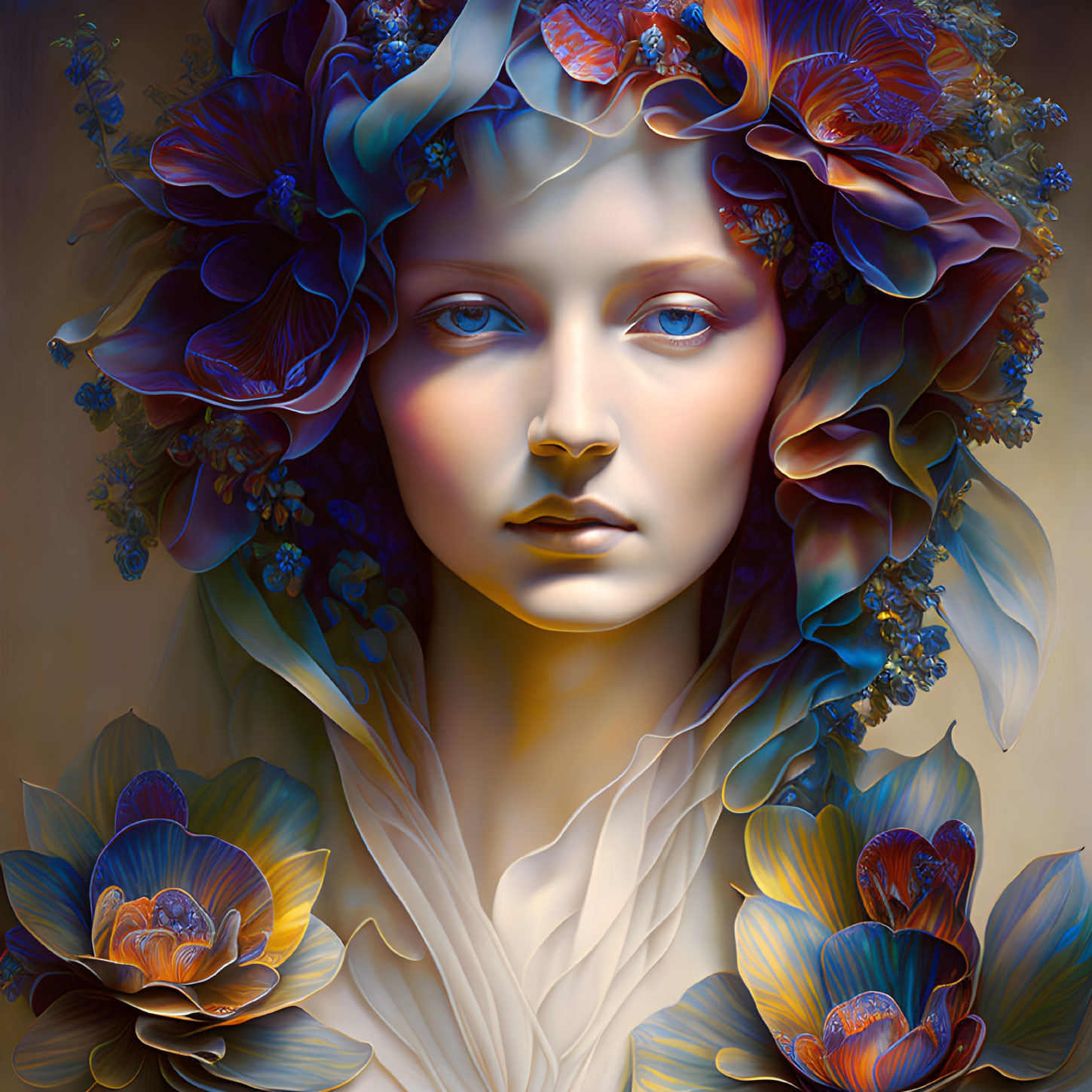 Digital artwork featuring person with floral features among blue flowers and leaves