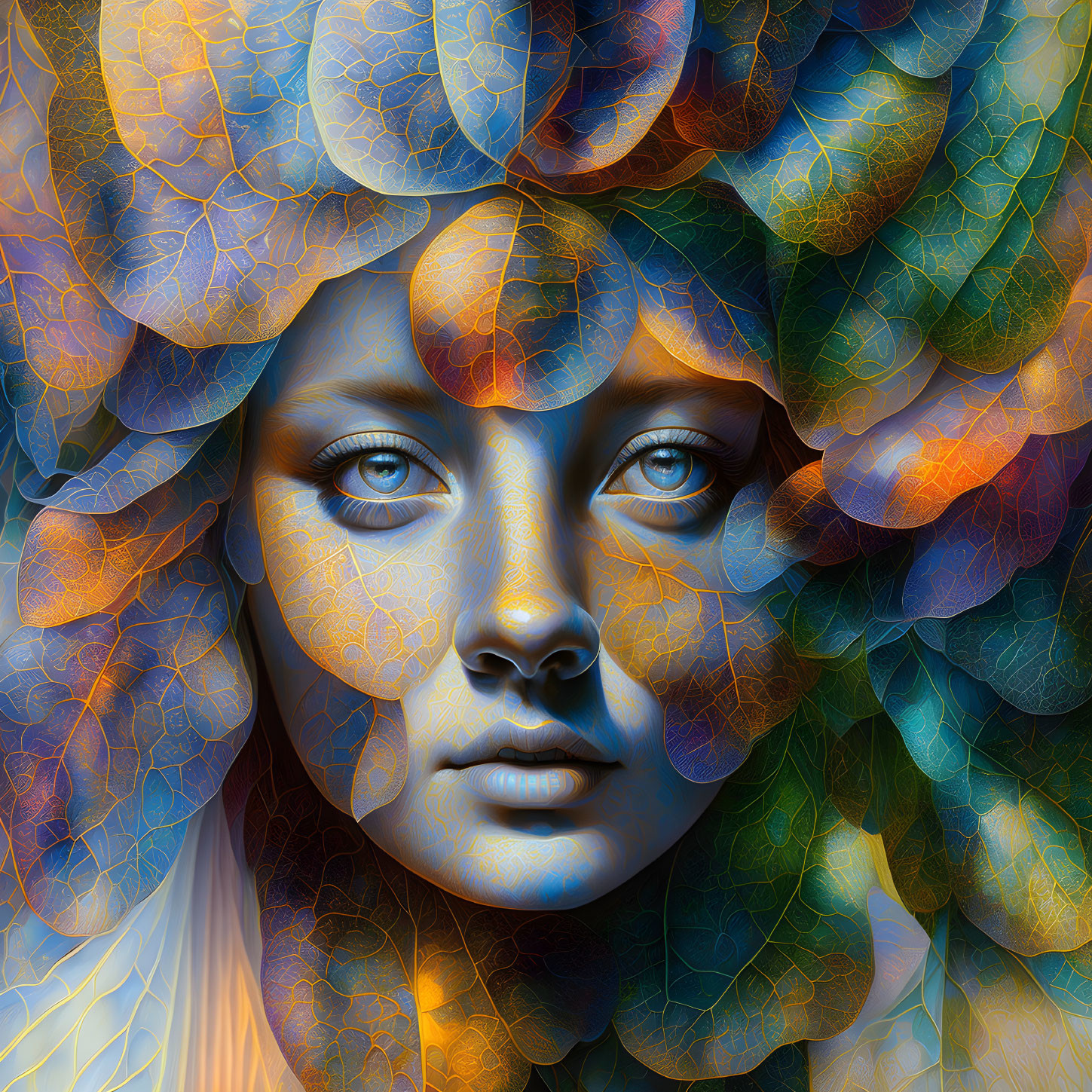 Vibrant digital art portrait of a woman with blue eyes and leaf-like textures.