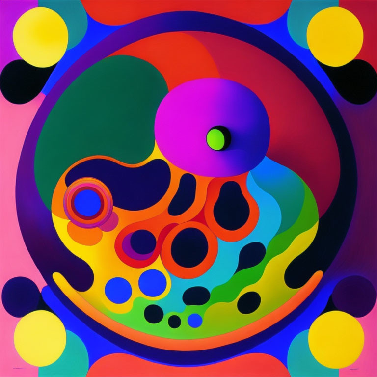 Vibrant Abstract Painting with Colorful Circles and Organic Shapes