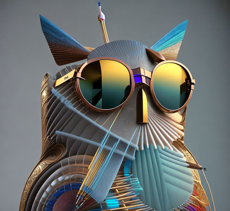 Stylized 3D illustration of owl in aviator sunglasses and samurai helmet with arrow,