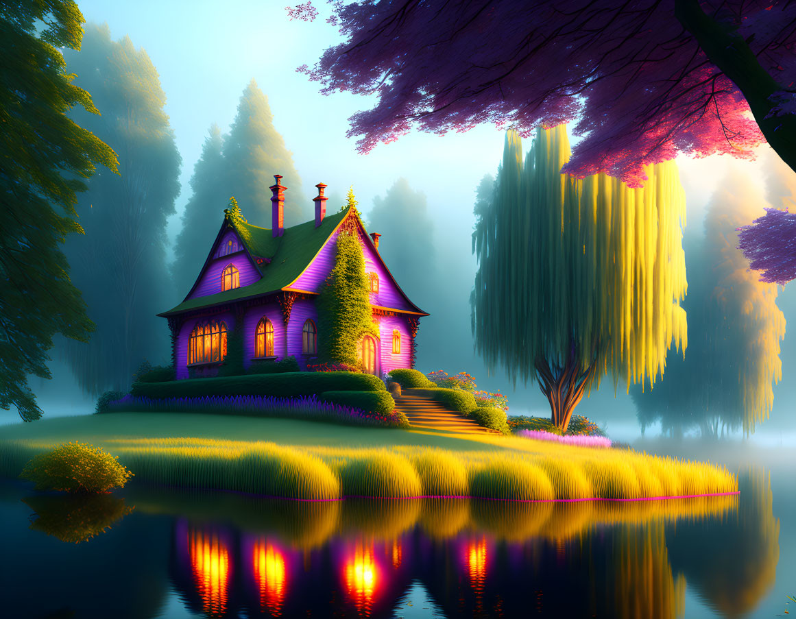 Victorian-style house by lakeshore at twilight with colorful lights, mystical forest, and water reflections