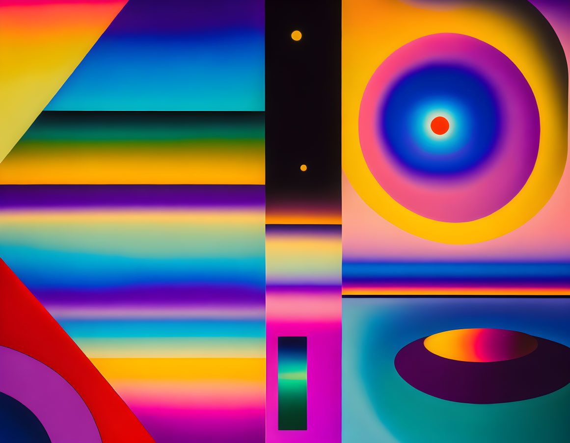 Vibrant Geometric Art with Overlapping Shapes and Gradient Stripes