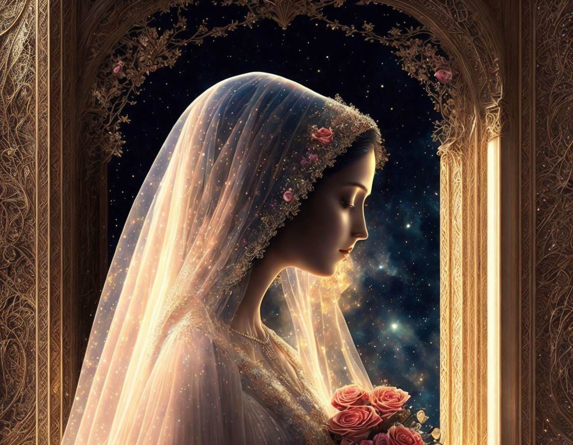 Woman in bridal veil under ornate arch with starry background