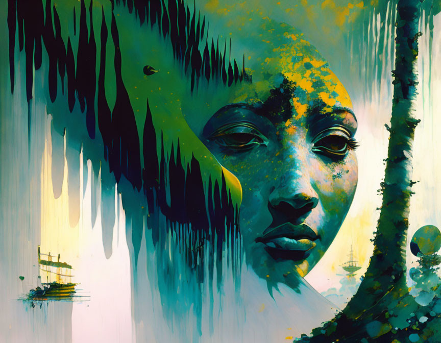 Surreal female face art with dripping elements in yellow and blue, includes ship and celestial bodies.