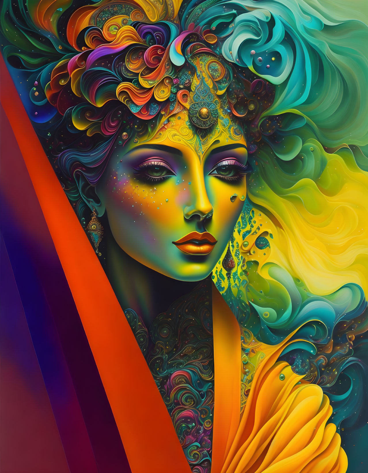 Colorful digital artwork featuring woman with vibrant, stylized hair.