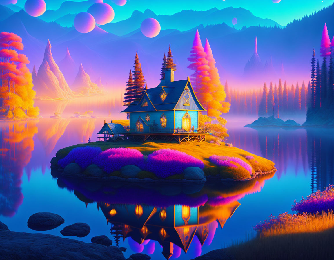 Surreal landscape with colorful trees and glowing flora on an island