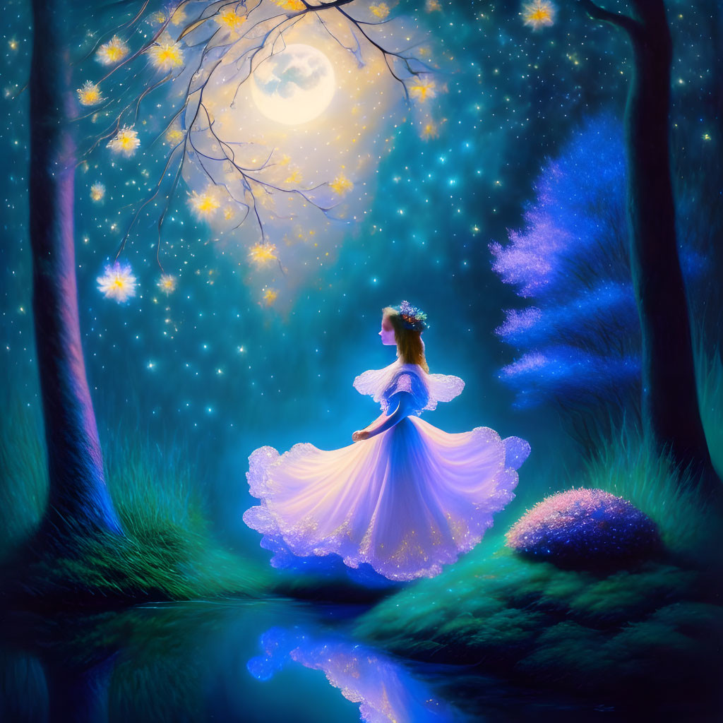 Woman in white dress by moonlit pond in mystical forest