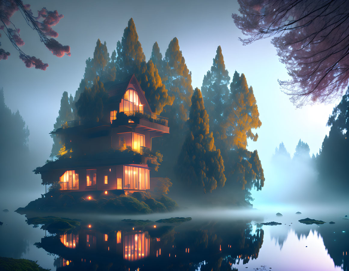 Twilight scene: Multi-tiered house on foggy island with reflection.