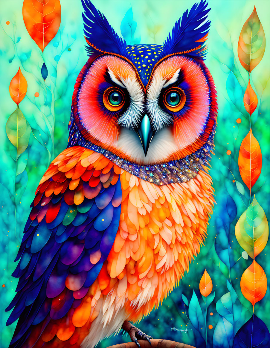 Colorful Owl Illustration with Elaborate Patterns and Vibrant Feathers