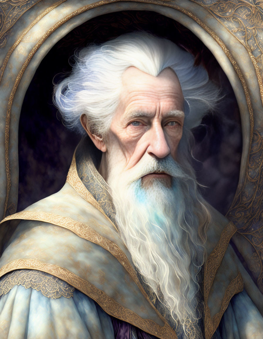 Elderly man with white beard in ornate robes under golden arch