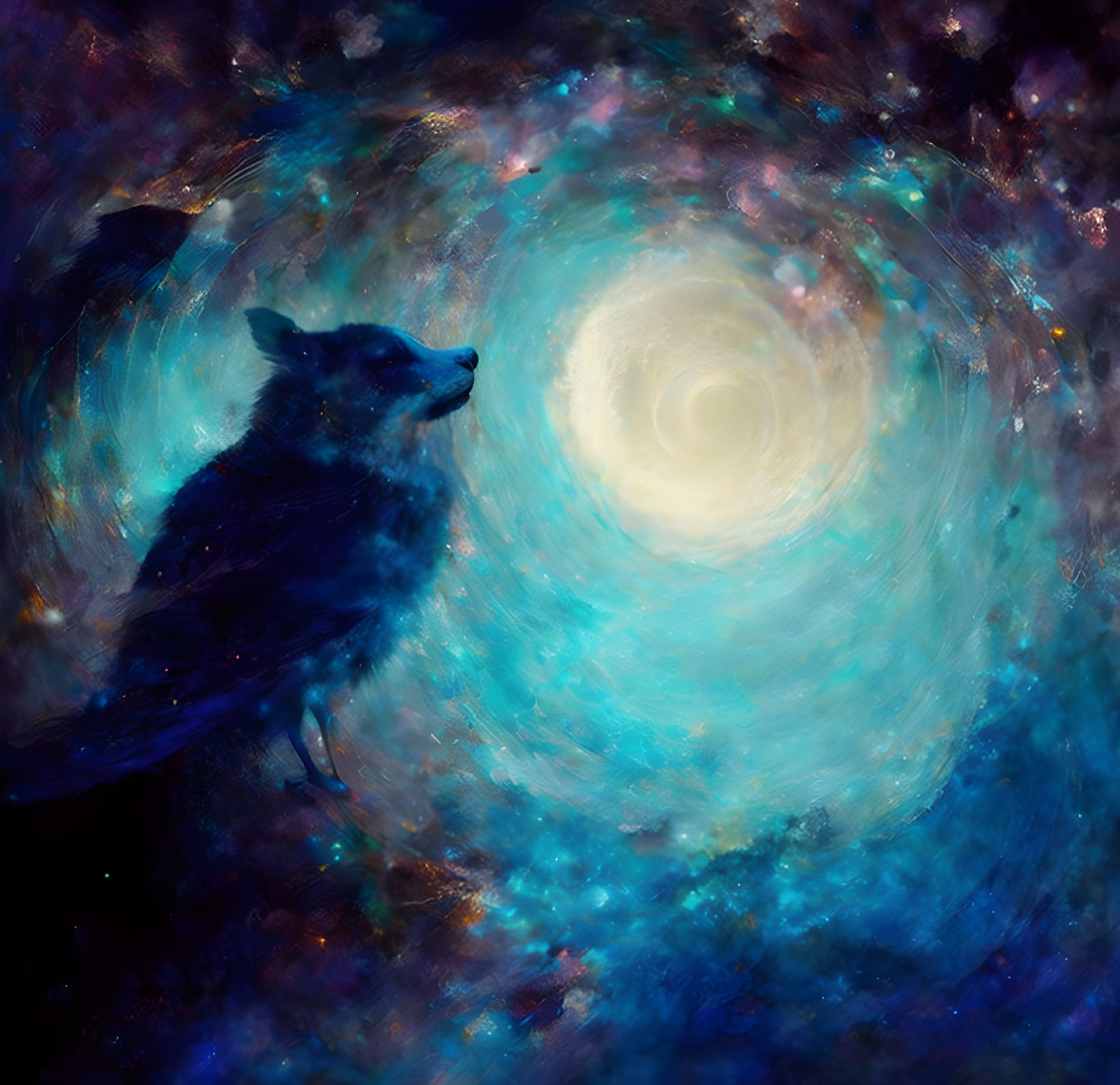 Silhouette of Wolf in Cosmic Landscape with Luminescent Vortex