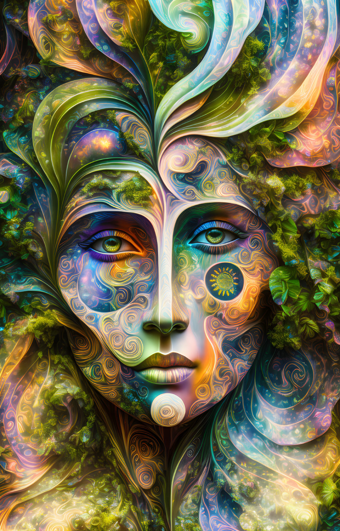 Surreal digital artwork blending face with nature motifs