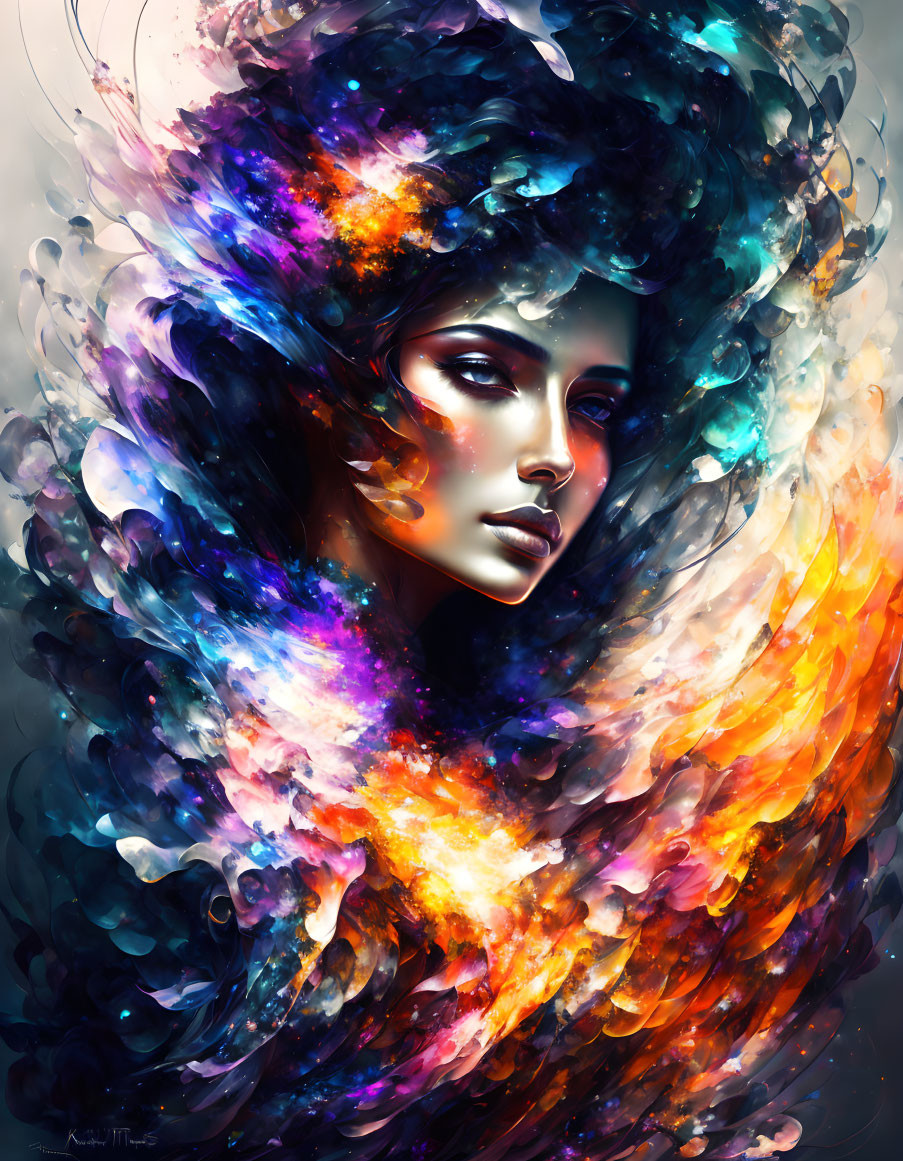 Colorful artwork featuring woman with flowing nebula-like hair