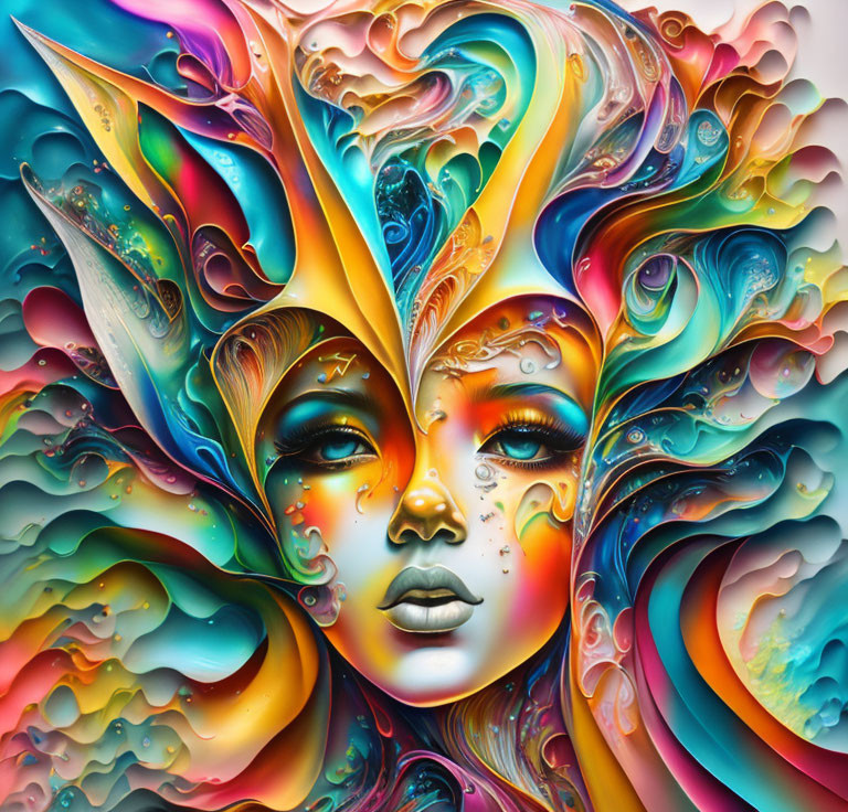 Colorful digital artwork of stylized female face with intricate floral and wave patterns