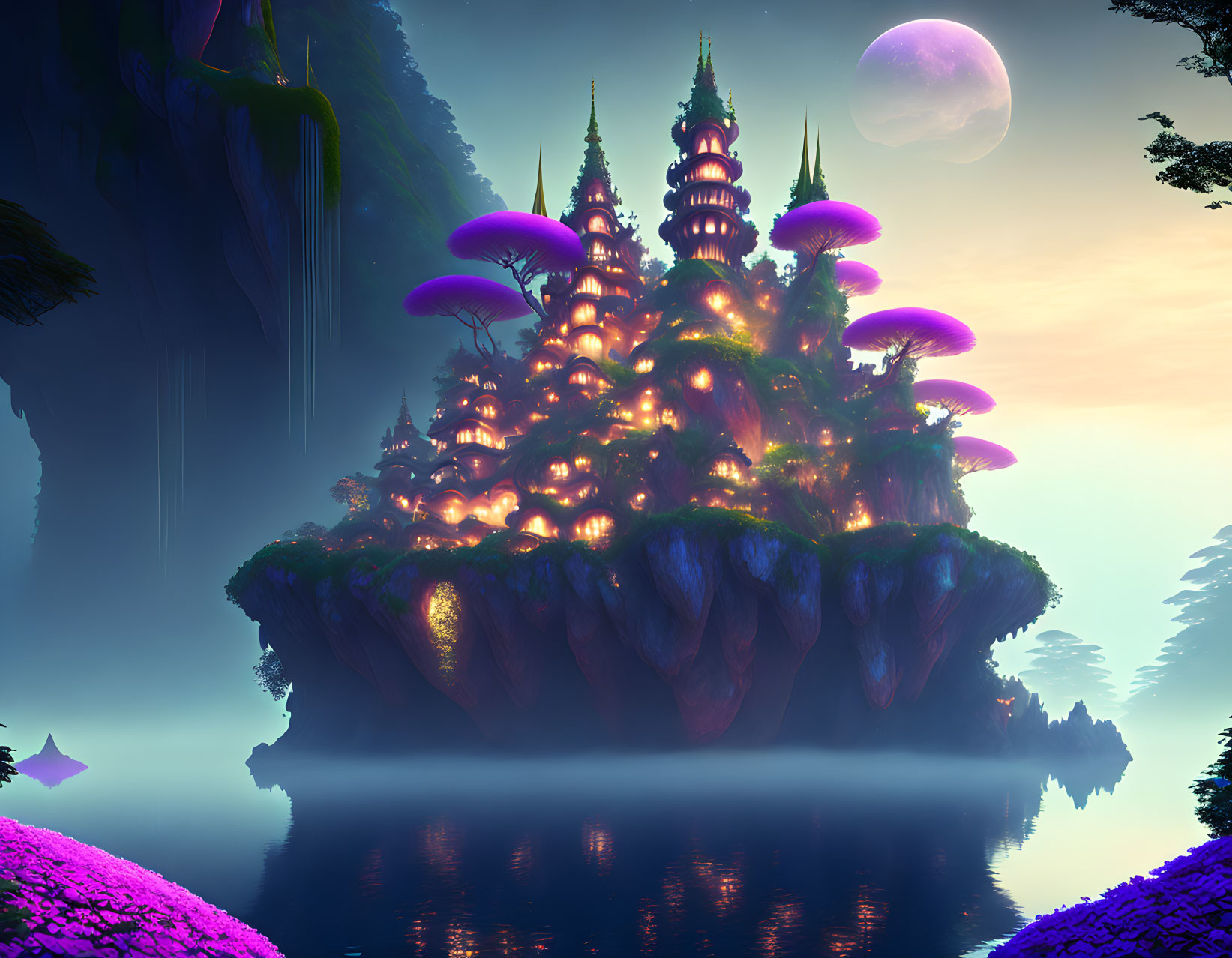 Fantastical landscape with illuminated castle on cliff under large moon