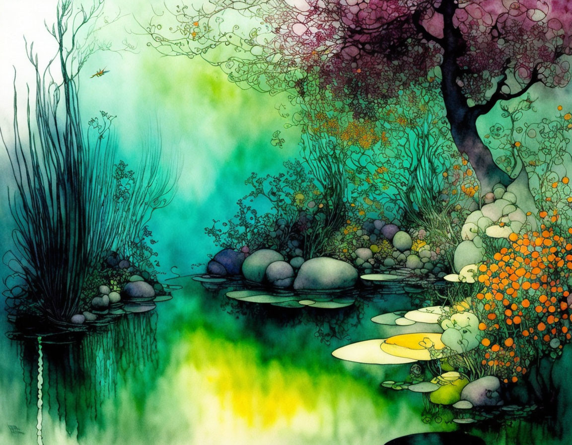 Colorful Enchanted Forest Scene with Reflective Pond