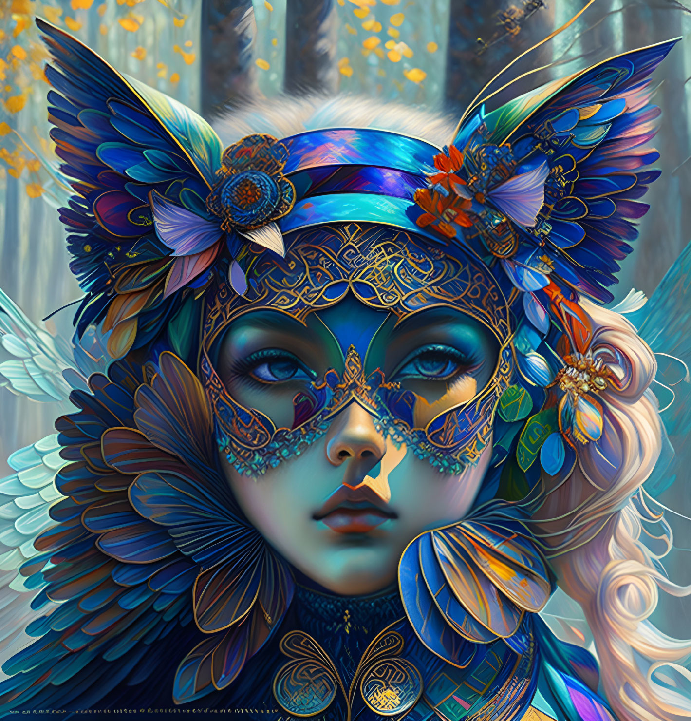 Person with Cat-Like Appearance and Butterfly Mask in Digital Art