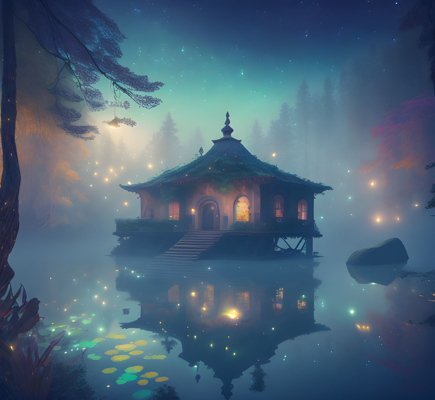 Ethereal pagoda with glowing lights reflected on tranquil lake