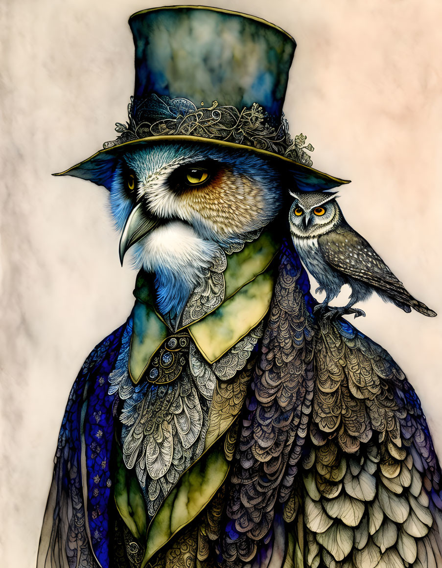 Anthropomorphic owl in Victorian attire with top hat and companion owl.