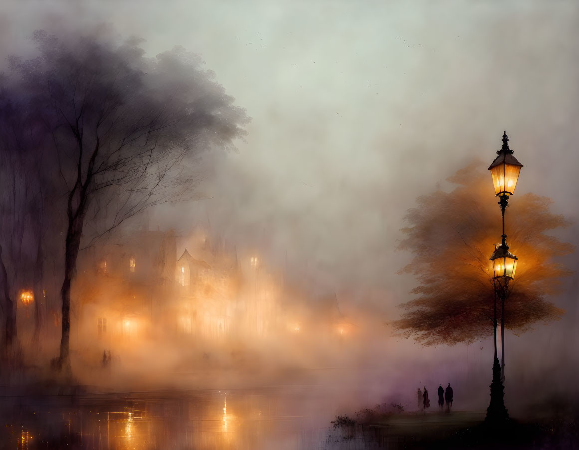 Misty atmospheric scene with glowing street lamps and silhouettes of people walking