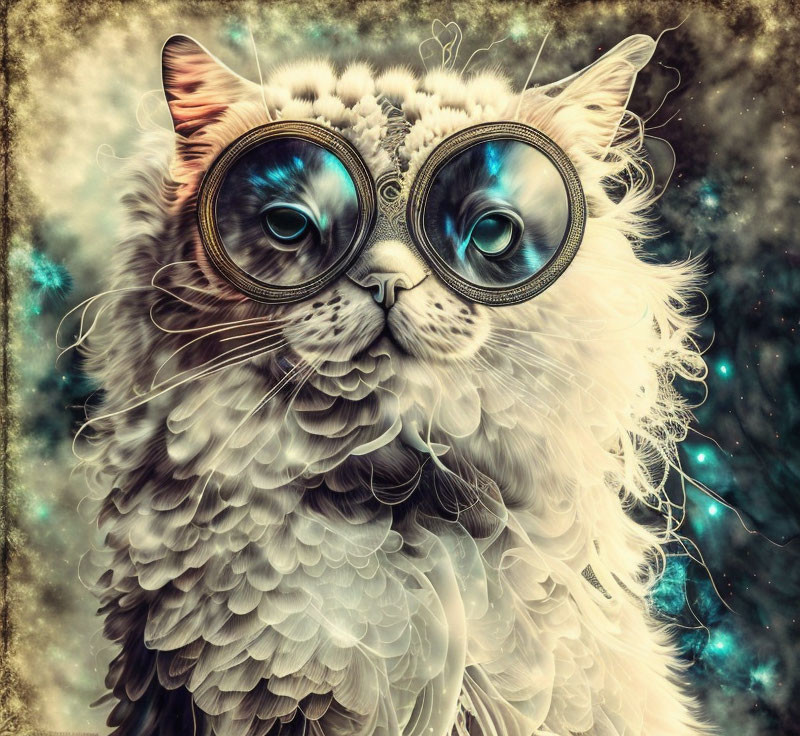 Stylized cat with large glasses in cosmic setting