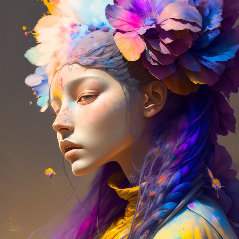 Vibrant digital artwork: Woman with floral headdress and colorful splashes