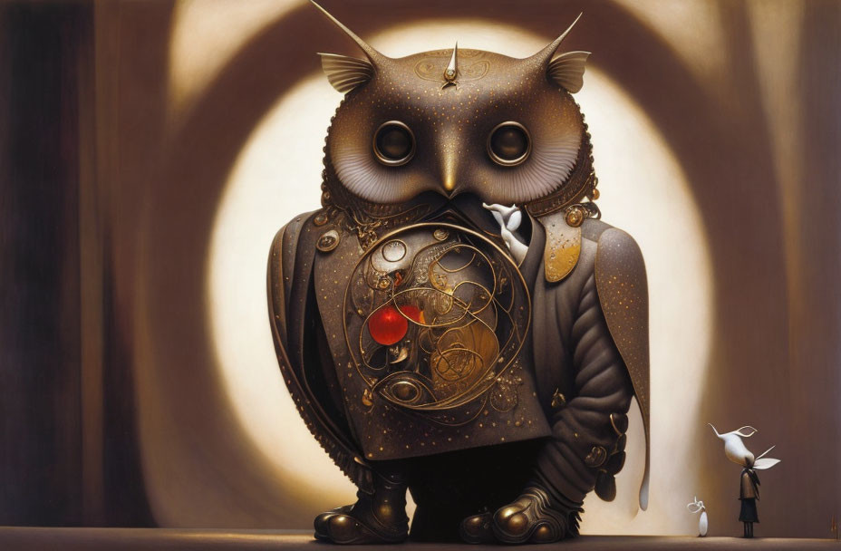 Mechanical owl and tiny human in surreal painting on warm brown backdrop