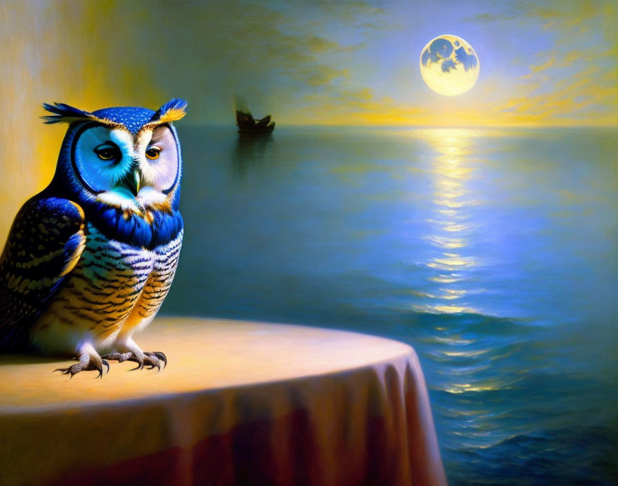 Colorful stylized owl perched on cliff by sea at sunset with full moon and distant sailboat