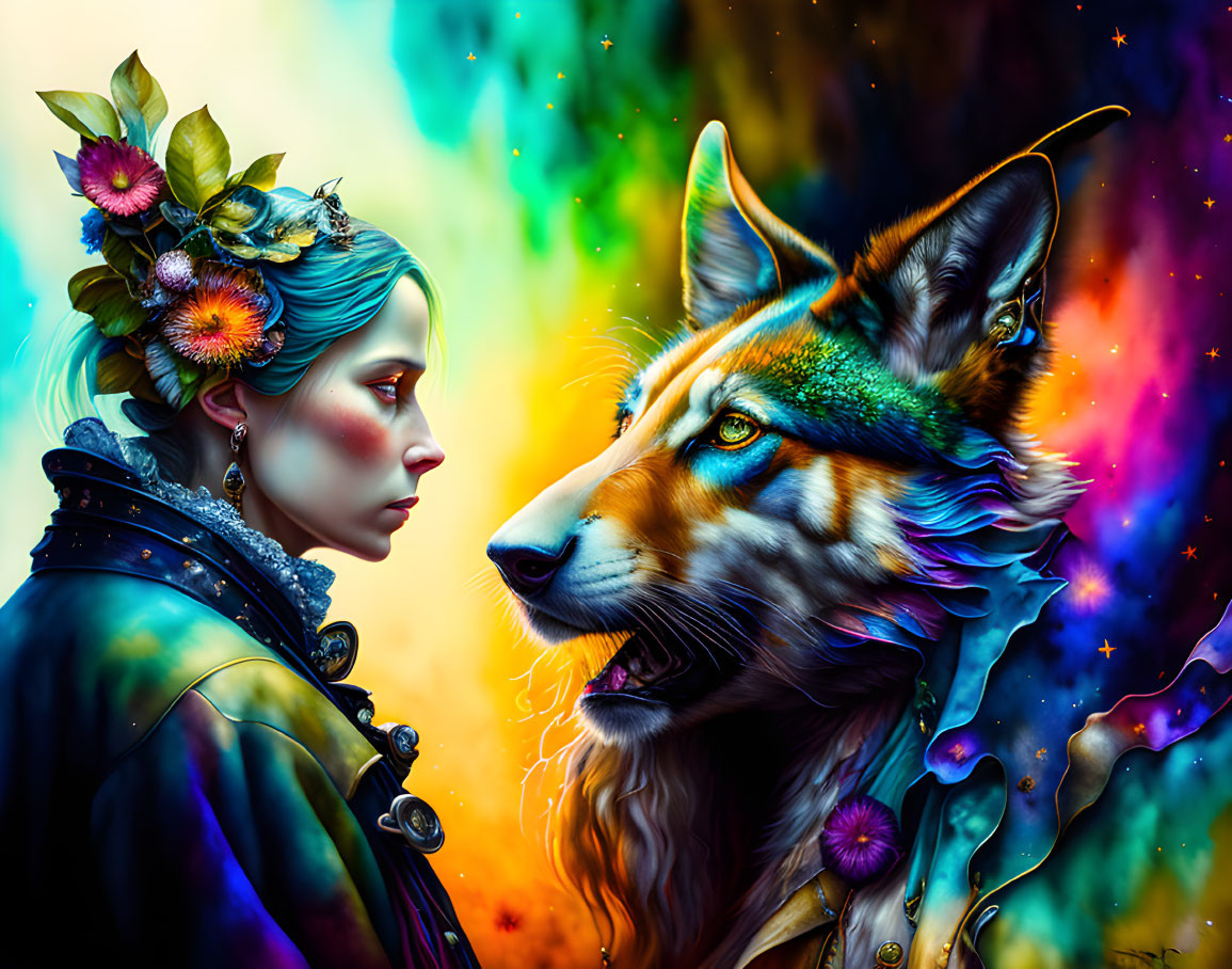 Woman with Floral Adornments and Majestic Wolf in Celestial Scene