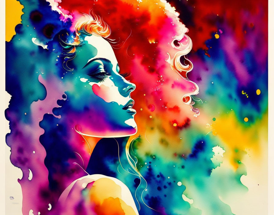 Vibrant abstract portrait of a woman with colorful paint splashes on vivid backdrop