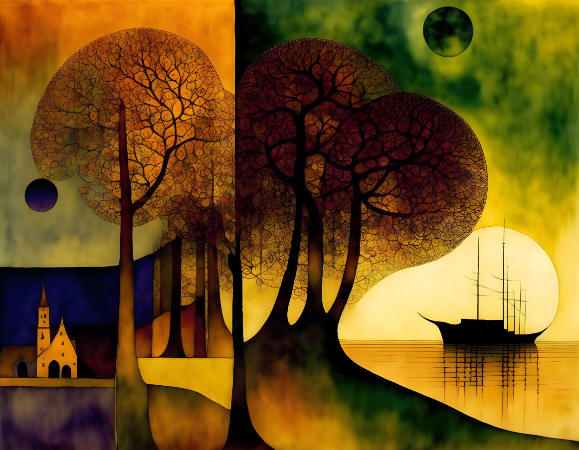 Colorful surreal landscape with ship, church, and celestial bodies