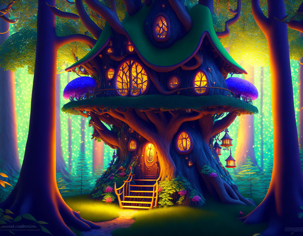 Whimsical treehouse in magical forest with glowing windows