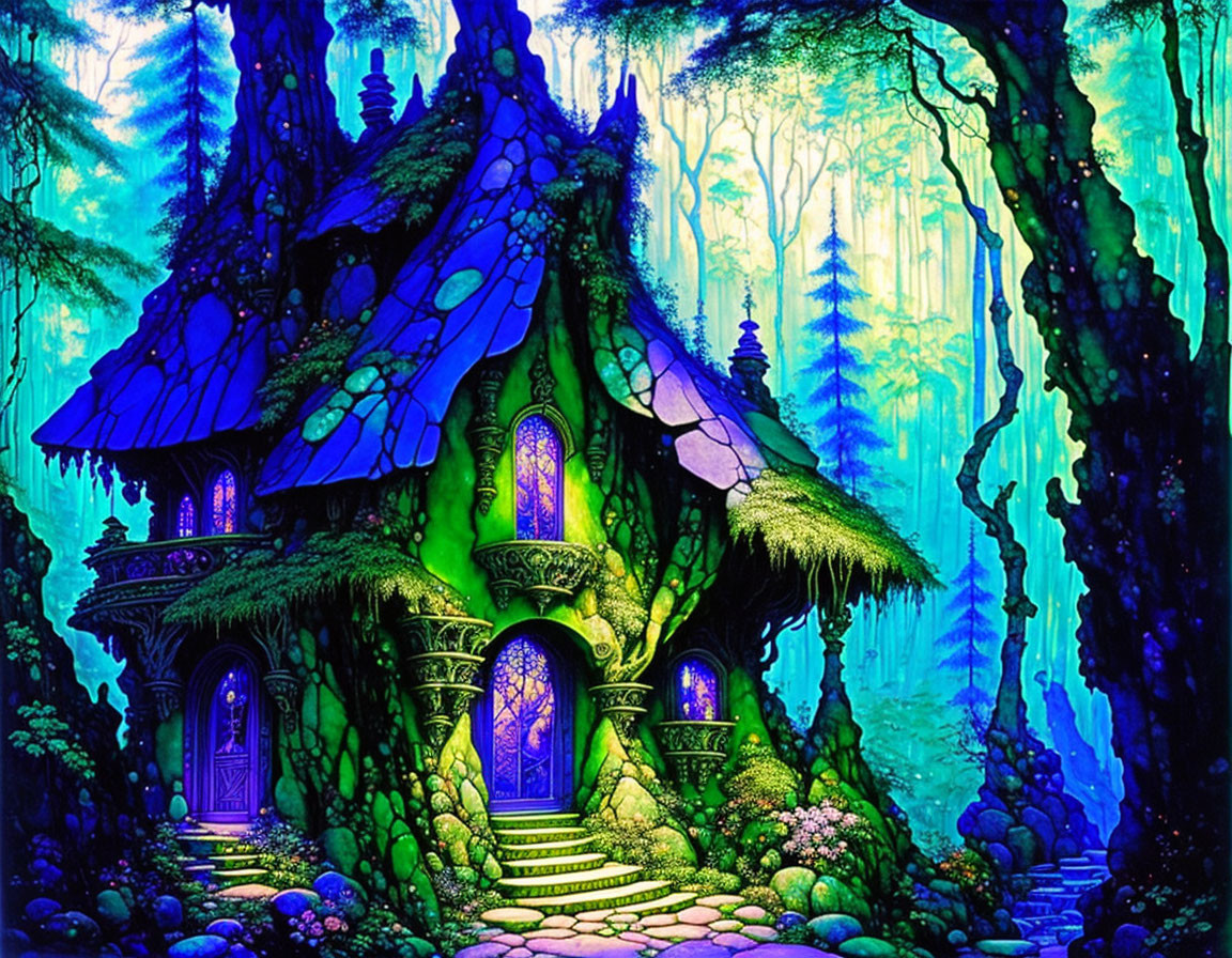 Enchanted forest illustration with whimsical cottage and glowing foliage