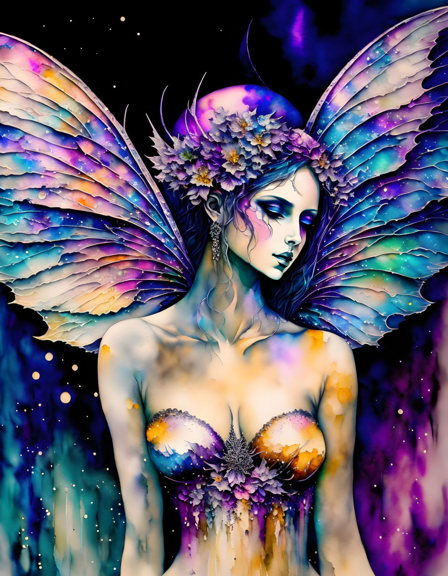 Colorful Female Figure with Butterfly Wings and Floral Crown in Cosmic Setting