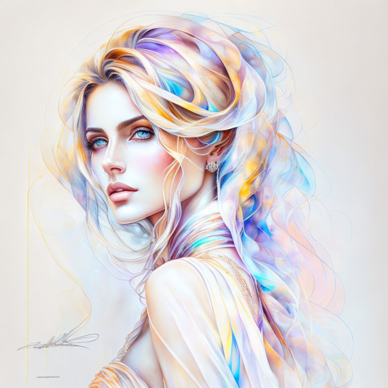 Digital artwork: Woman with multicolored hair & blue eyes