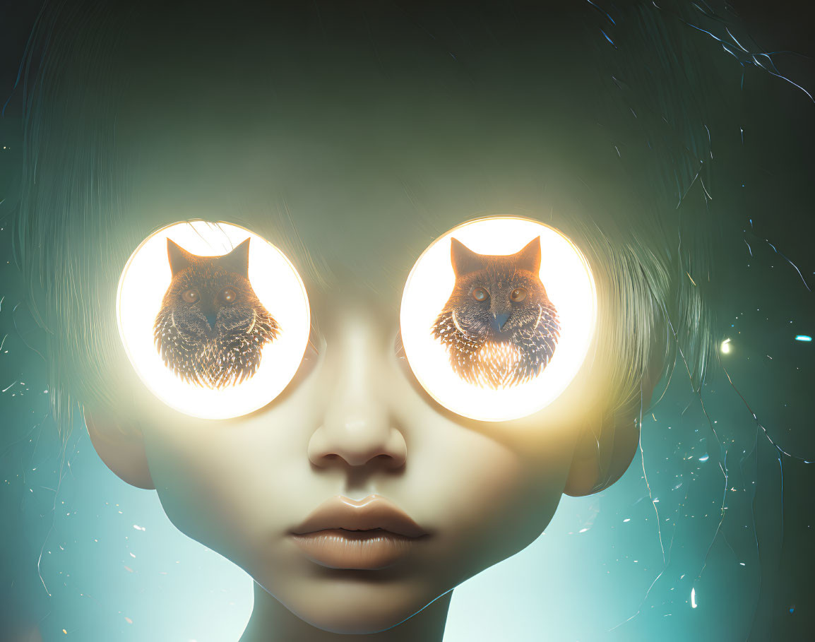 Surreal glowing-eyed person with owl reflections on soft background