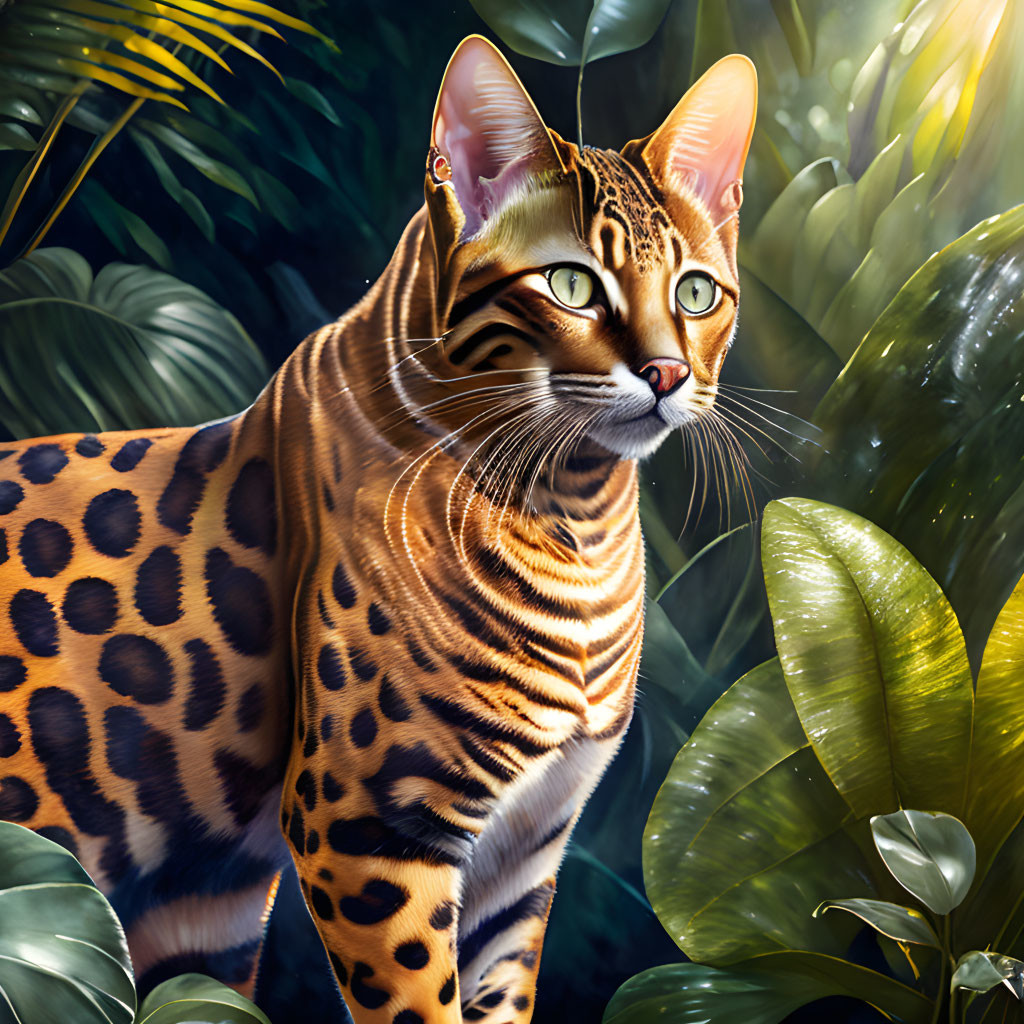 Vibrant Bengal Cat Artwork Among Green Foliage