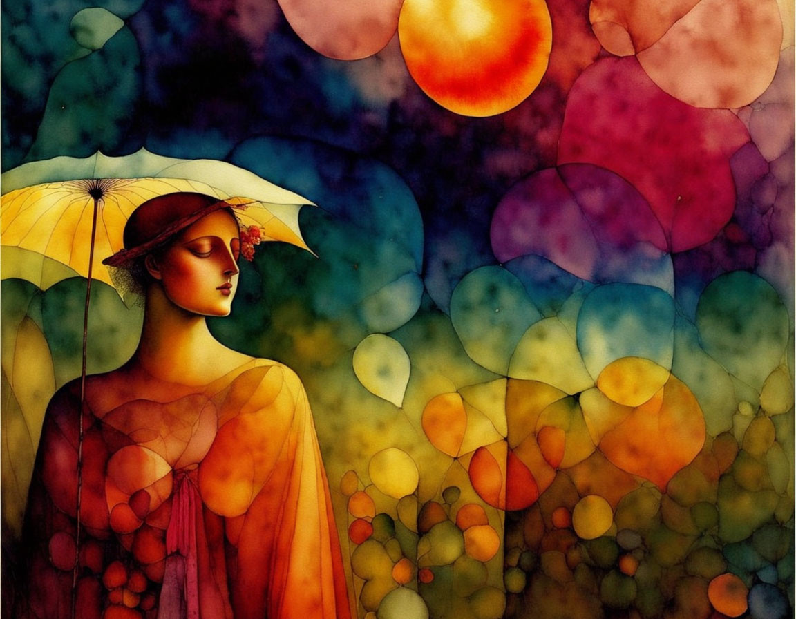 Colorful woman with umbrella amidst translucent spheres on vibrant background