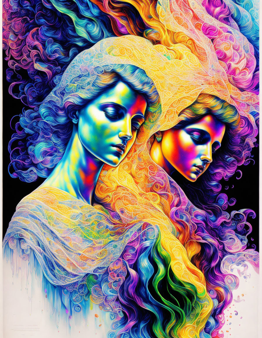 Colorful Artwork: Stylized Female Figures with Flowing Hair