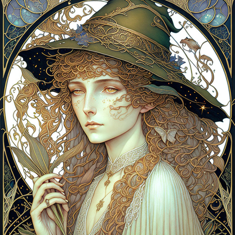 Woman with curly hair in Art Nouveau-style illustration wearing star-adorned hat and holding feather,