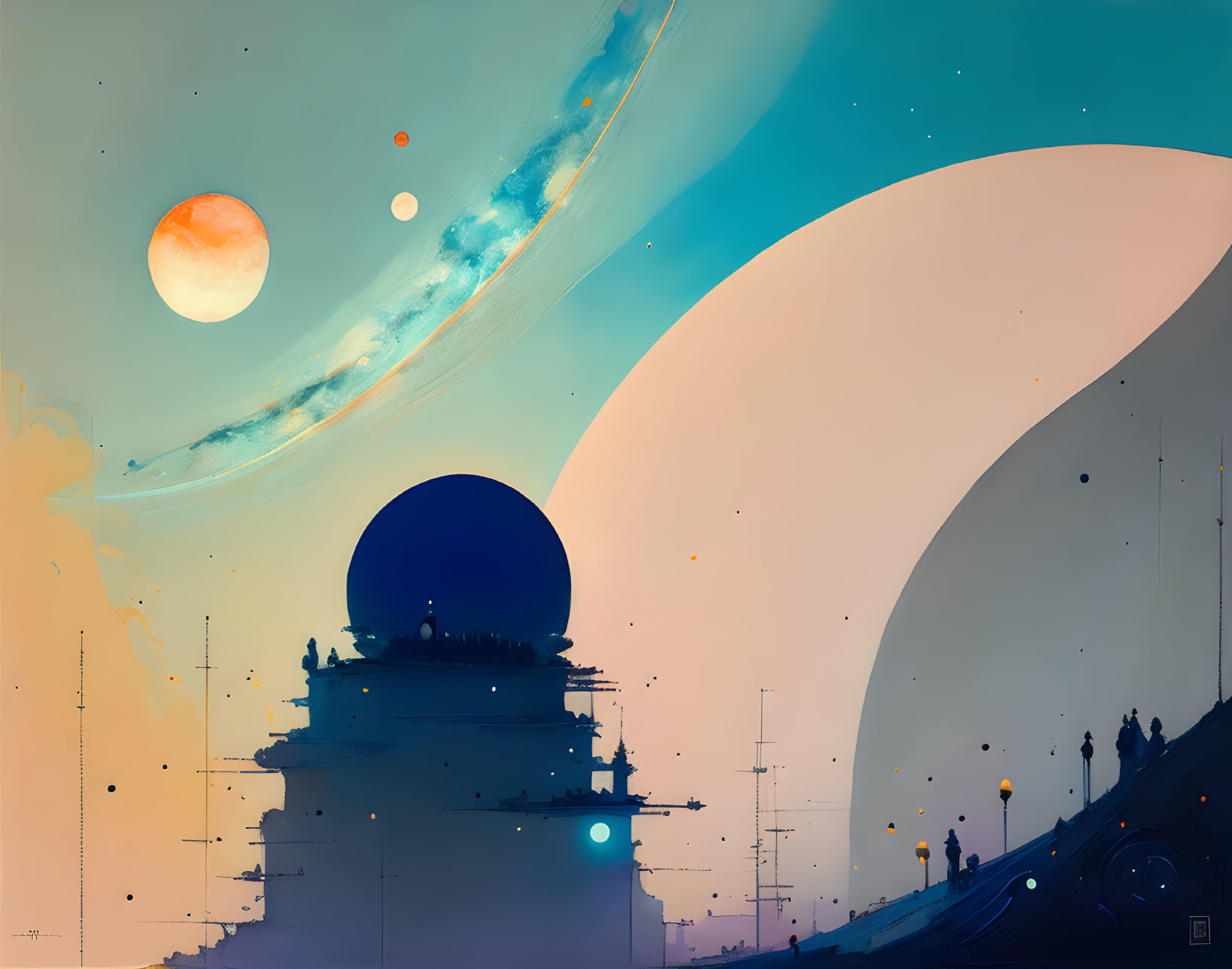 Futuristic landscape with observatory, silhouetted figures, and colorful sky