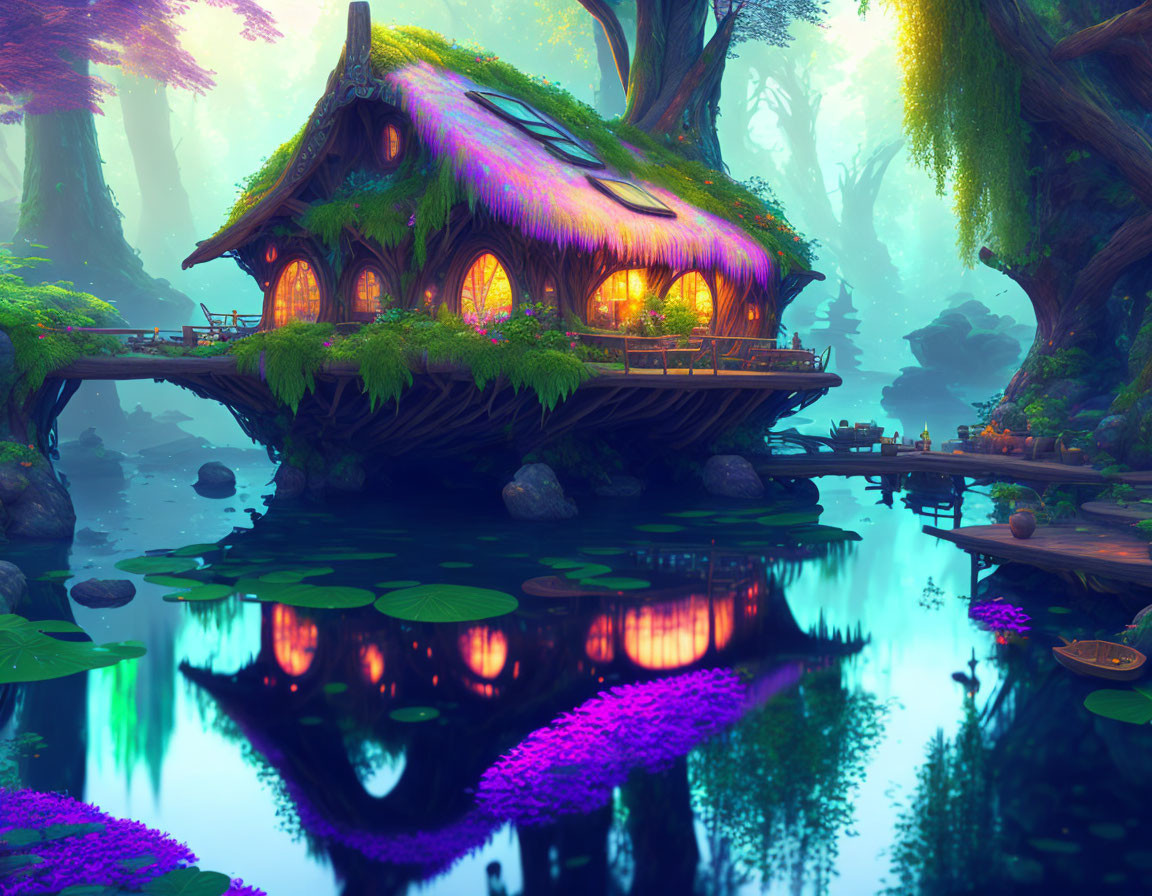 Enchanted thatched cottage in mystical forest with serene pond